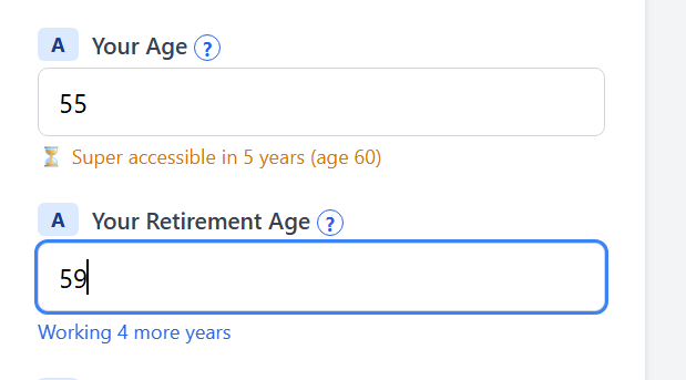 Calculator showing retirement age input and preservation age (60) indicator